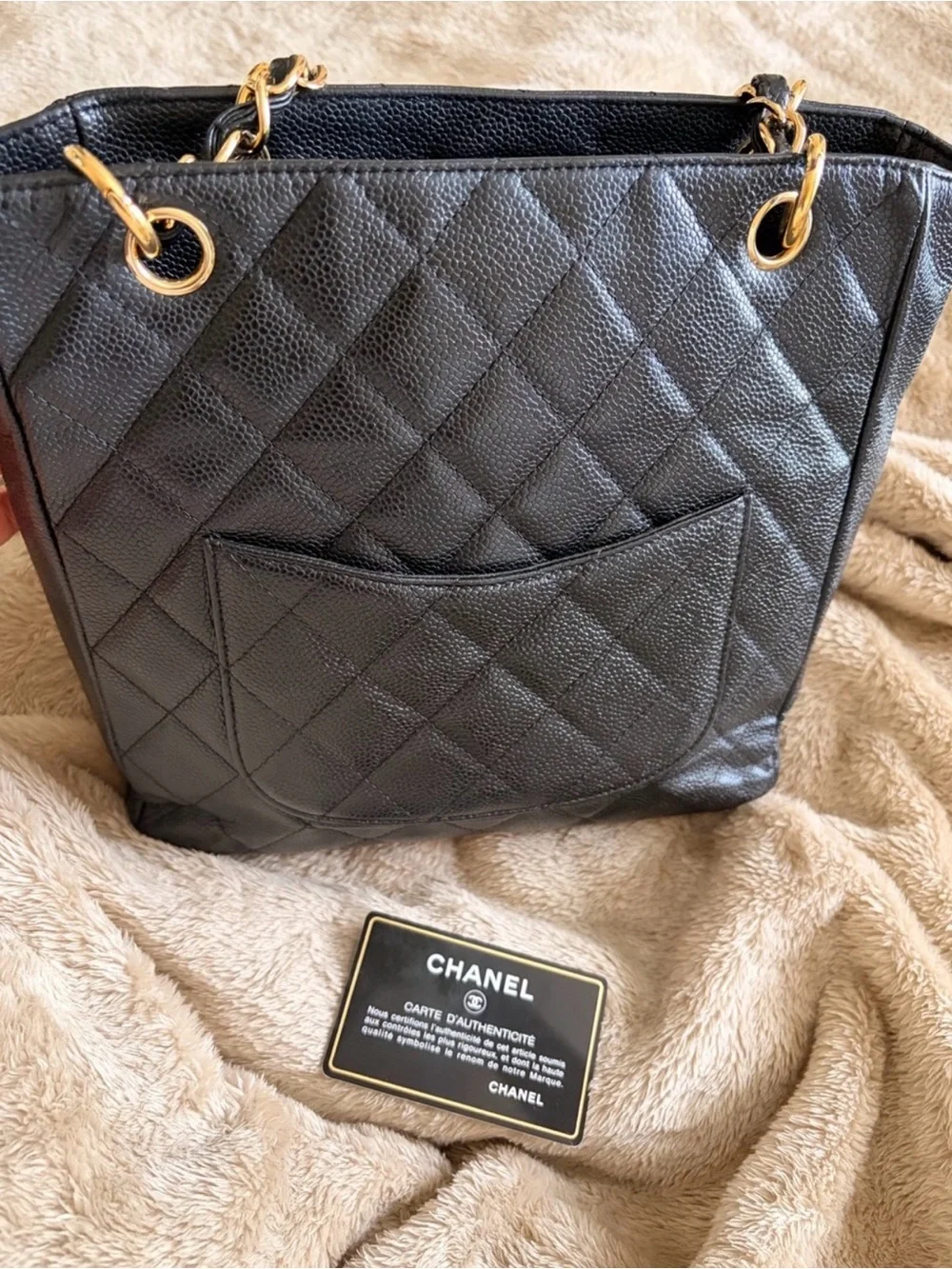 CHANEL Black Quilted Caviar Leather Shoulder Tote with Gold Chain